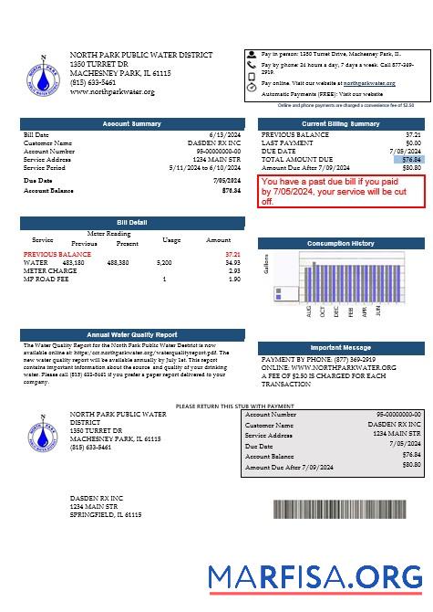 Realistic USA Illinois North Park Public Water District IL business utility bill template in Word and PDF formats